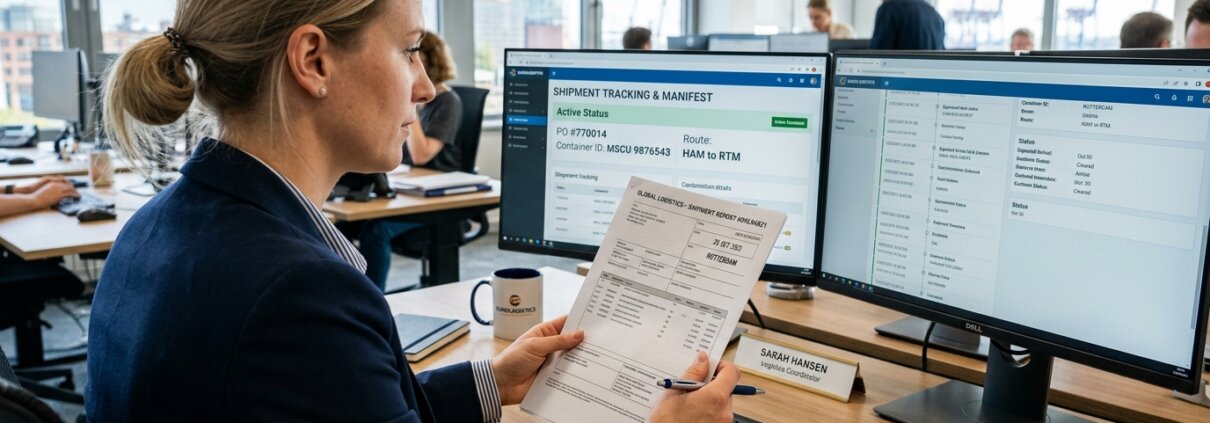 Logistiek medewerker vergelijkt douanedocumenten op schermen voor RPA logistieke backoffice optimalisatie.