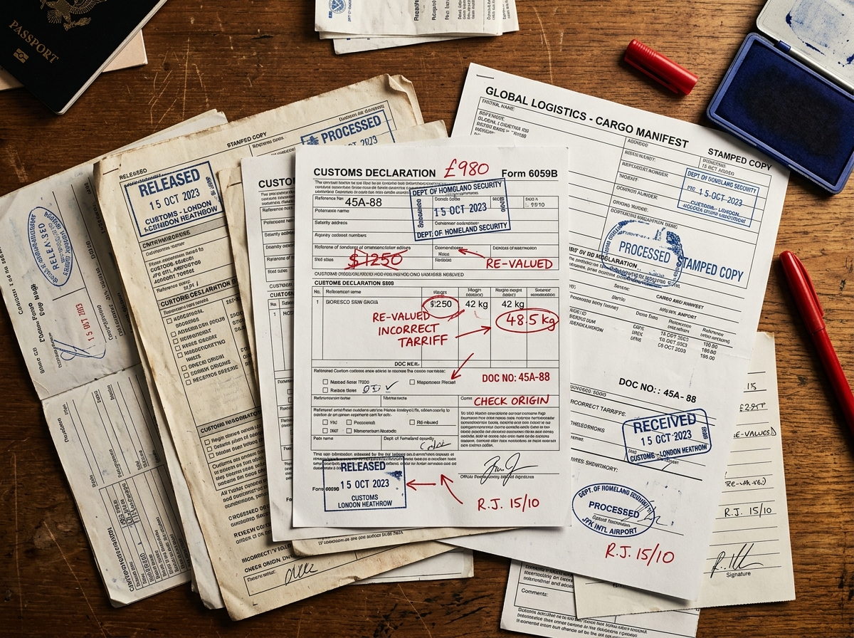 Douanedocumenten met blauwe stempels en rode correcties voor RPA logistieke backoffice automatisering op een bureau.