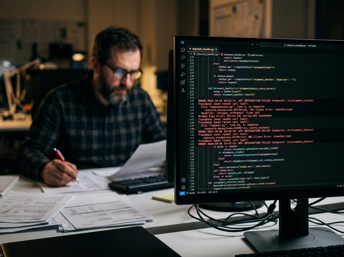 Monitor met API-fouten en een logistiek manager met documenten, illustreert TMS implementatie problemen.