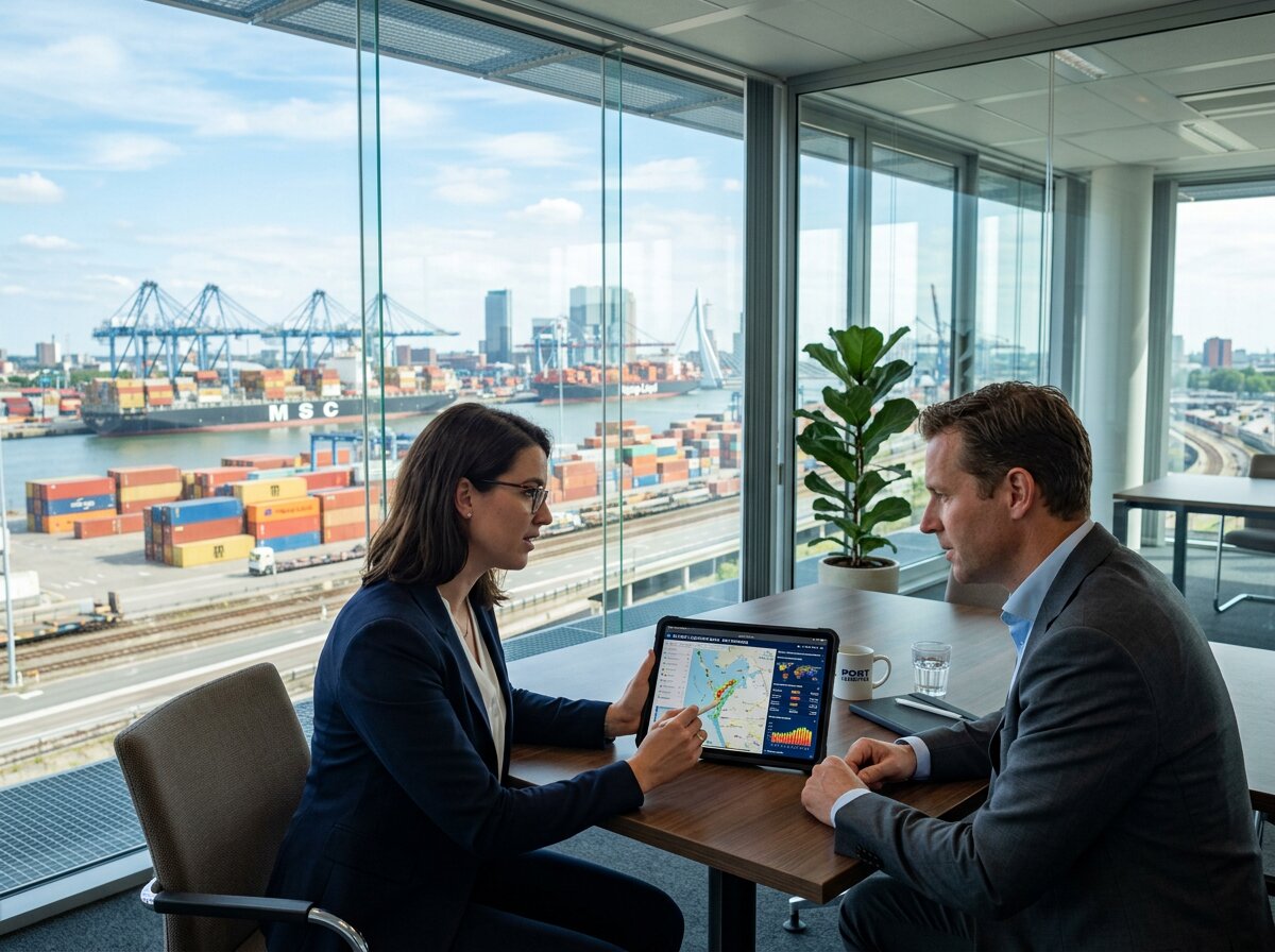 Professionals analyseren logistieke data in een kantoor bij een haven om TMS implementatie problemen te voorkomen.