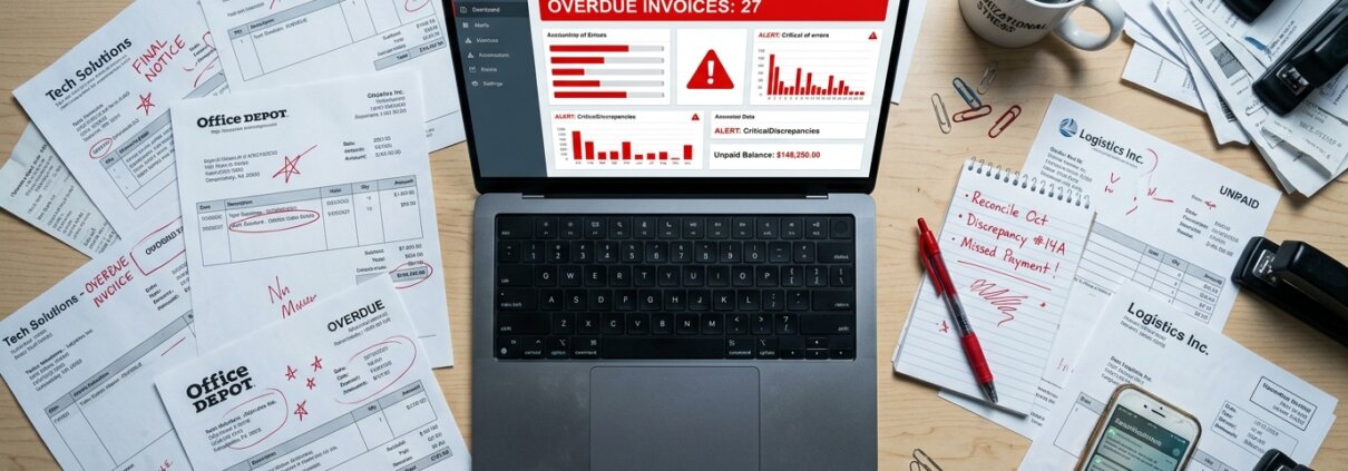 Rommelige crediteurenadministratie met verspreide facturen en rode waarschuwingen op een laptop die audit risico tonen.