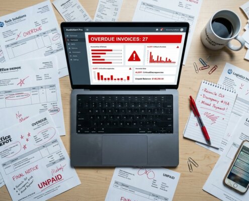 Rommelige crediteurenadministratie met verspreide facturen en rode waarschuwingen op een laptop die audit risico tonen.