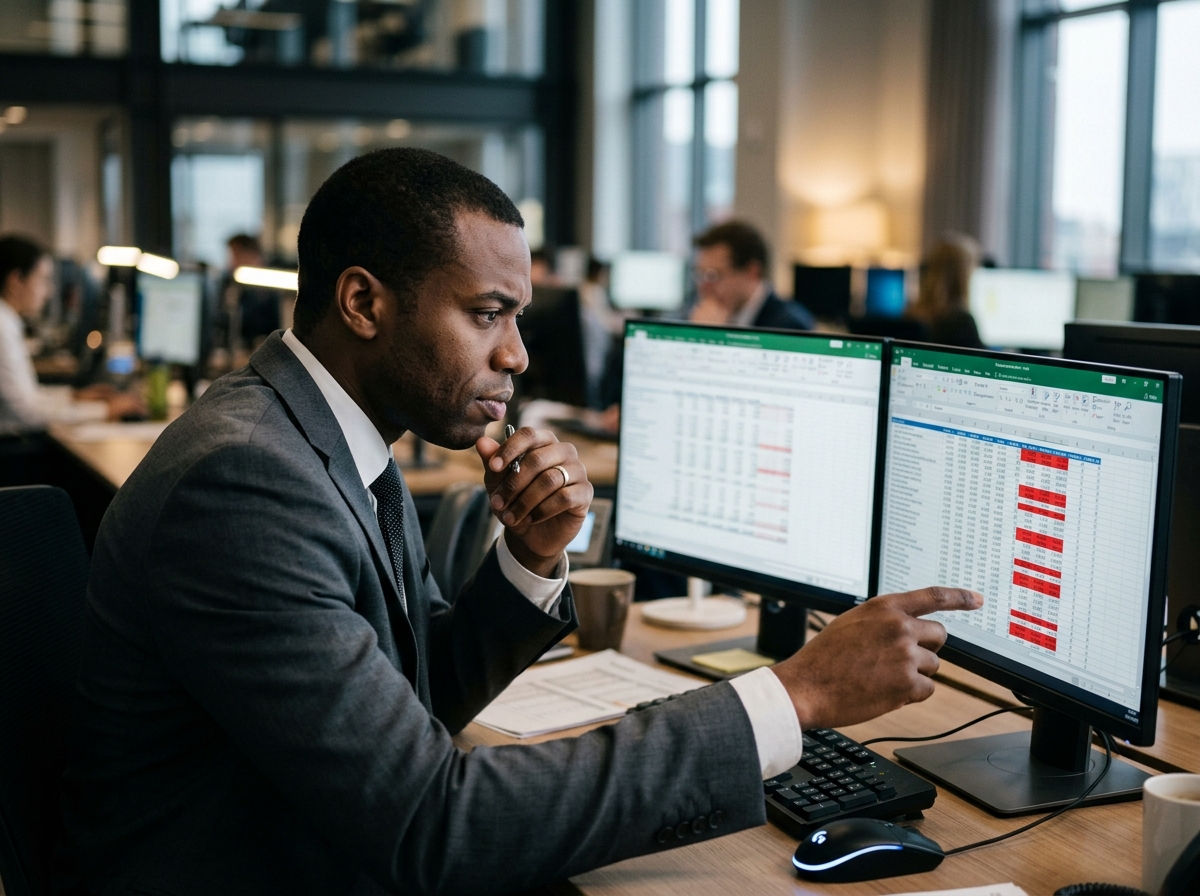 Auditor analyseert spreadsheet met rode cellen ter voorkoming van audit risico in de crediteurenadministratie.