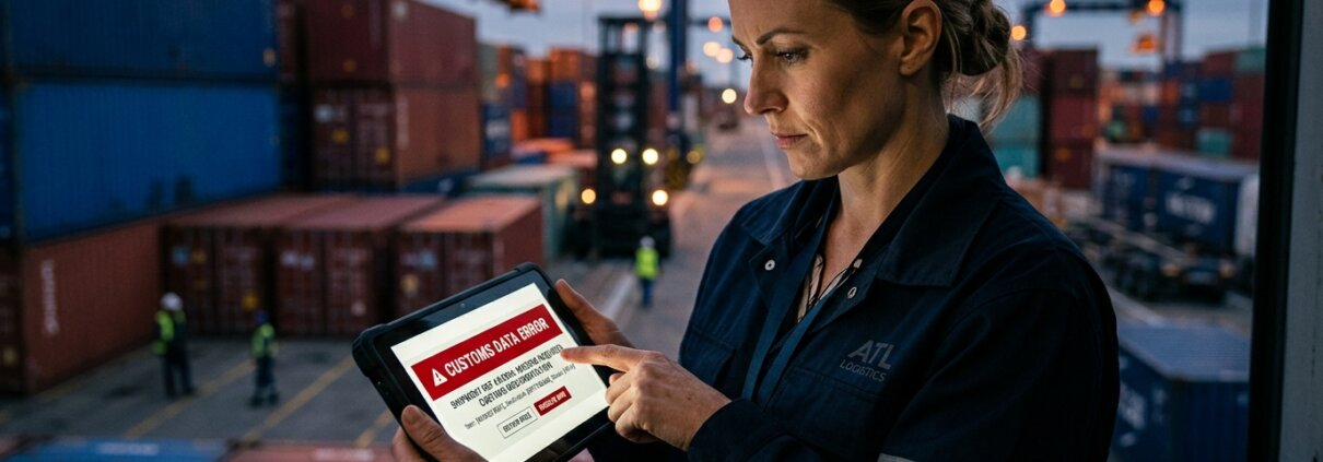 Logistiek manager controleert foutmelding door personeelstekort logistiek administratie bij gestapelde containers.