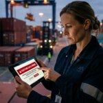 Logistiek manager controleert foutmelding door personeelstekort logistiek administratie bij gestapelde containers.