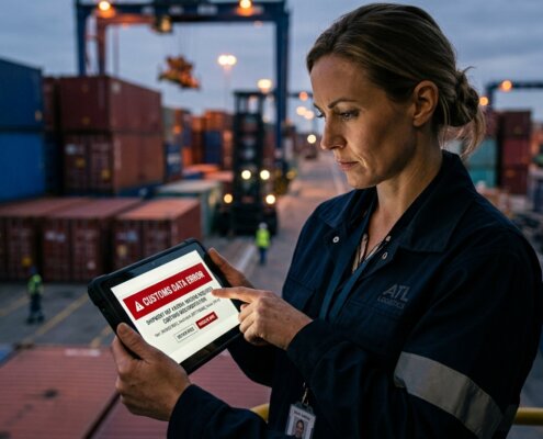 Logistiek manager controleert foutmelding door personeelstekort logistiek administratie bij gestapelde containers.