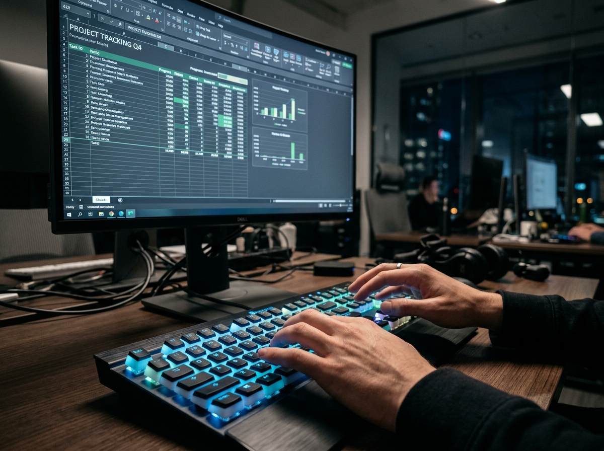 Hands hovering over an illuminated keyboard working on a spreadsheet, cleaning legacy data for AI in a modern office setup.