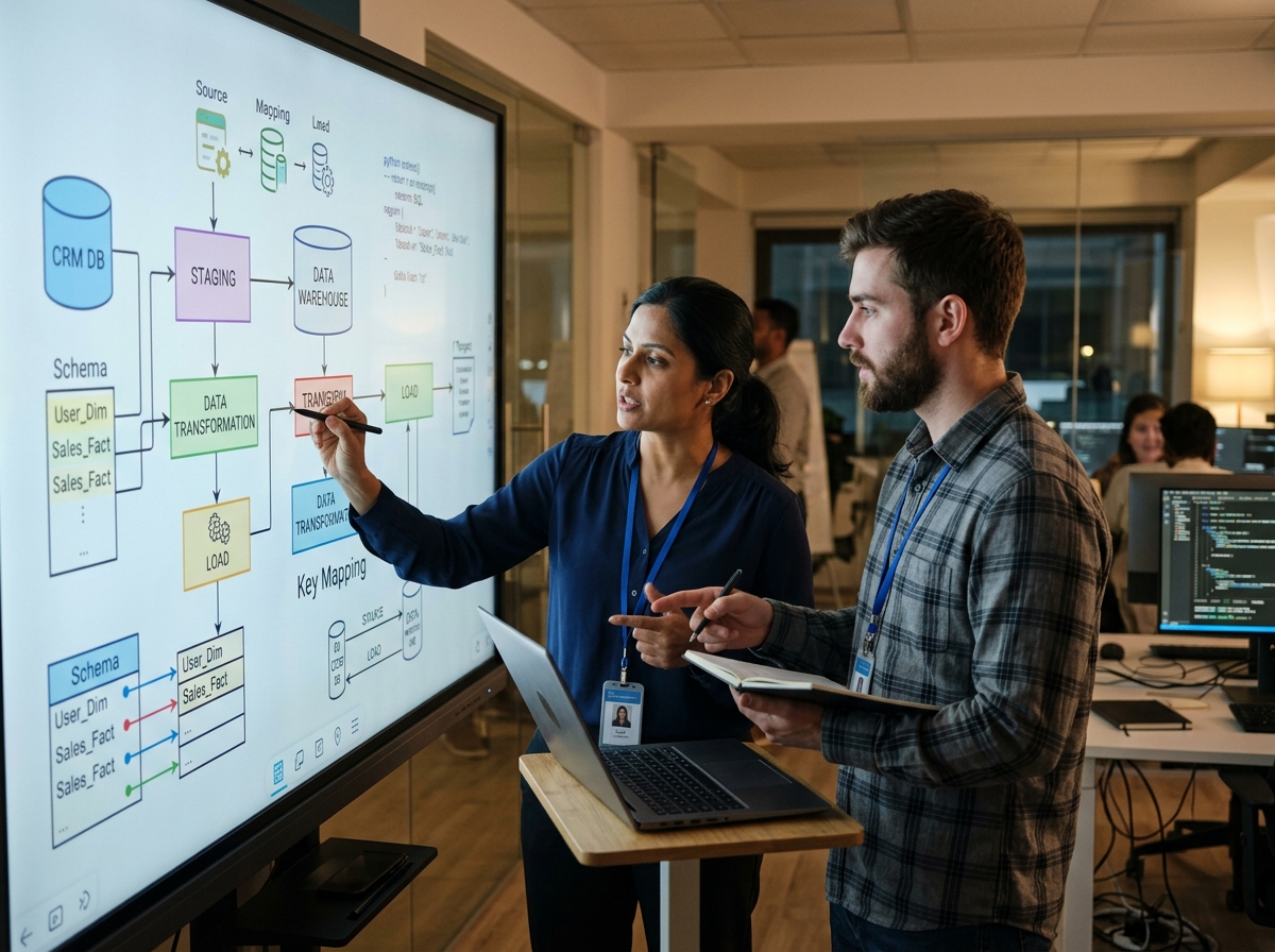Engineers at a whiteboard detailing ETL mapping for migrating legacy system data in a technical office setting.