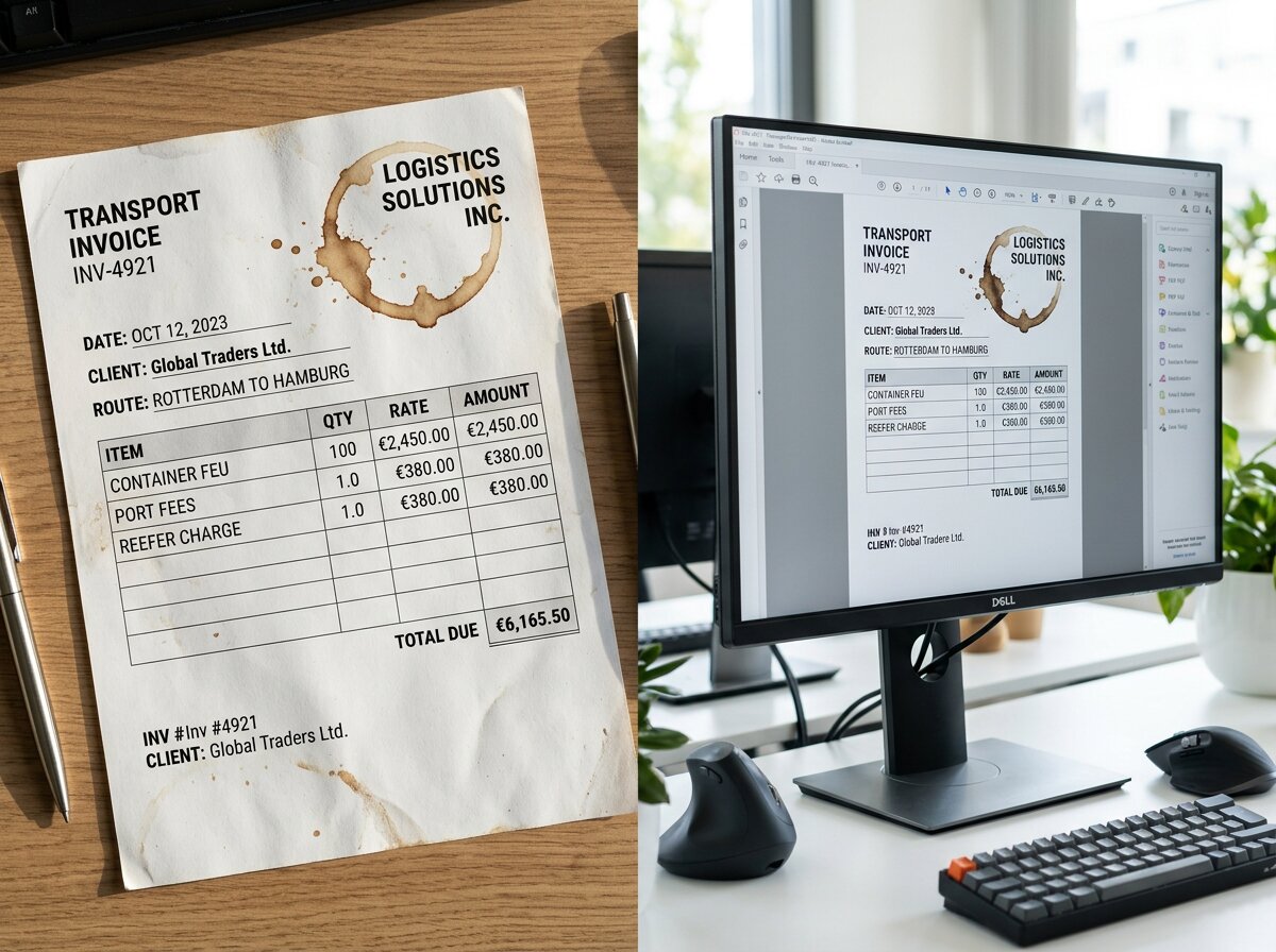 Transportfactuur naast digitale spreadsheet op monitor om foutmarges crediteurenadministratie in beeld te brengen.