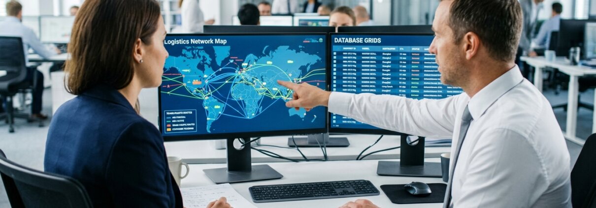 Logistieke professionals analyseren data op monitoren voor een verzekeringsclaim transport zonder fouten.