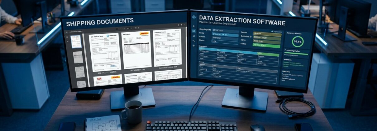 Modern bureau in logistiek controlecentrum met schermen voor claimverwerking transport en data-extractie.