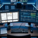 Modern bureau in logistiek controlecentrum met schermen voor claimverwerking transport en data-extractie.