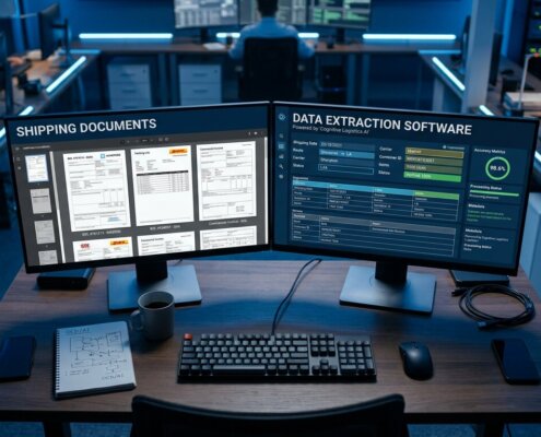 Modern bureau in logistiek controlecentrum met schermen voor claimverwerking transport en data-extractie.