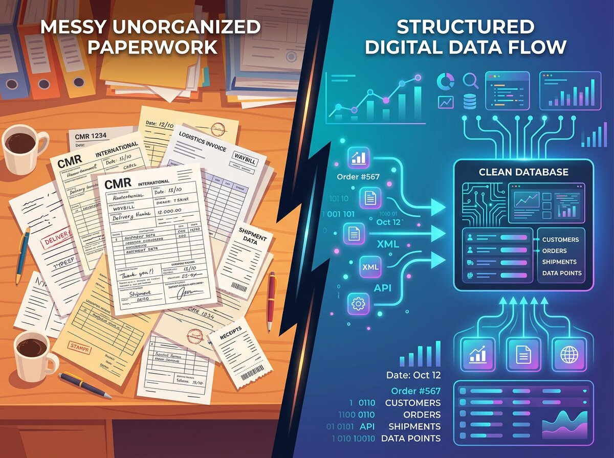 Visualisatie van rommelige papieren naar digitale data voor een efficiënte claimverwerking transport.