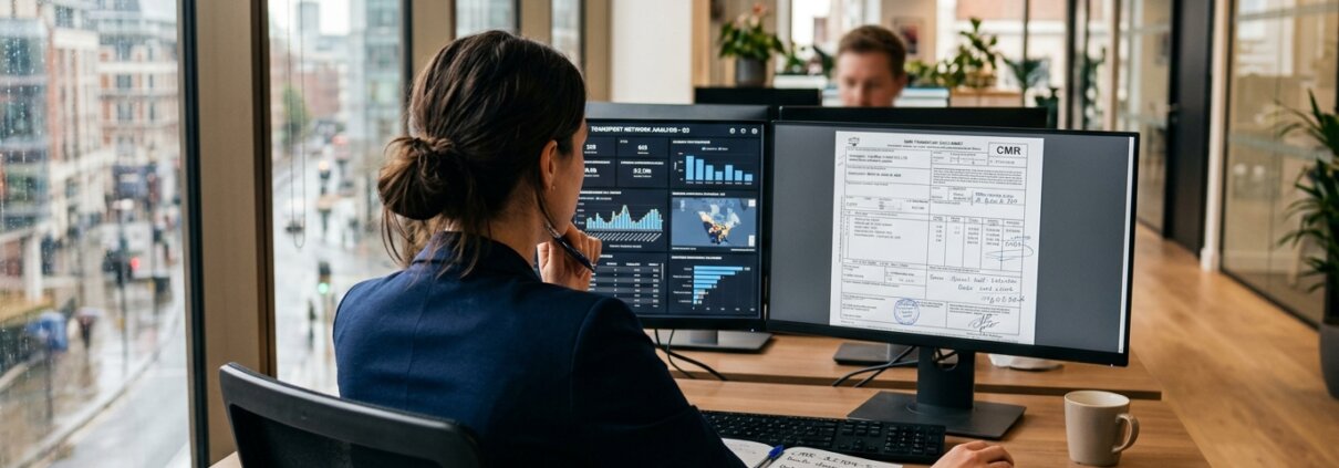 Professional analyseert digitale datasets en CMR-documenten voor GDPR data validatie AI in een modern kantoor.