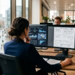 Professional analyseert digitale datasets en CMR-documenten voor GDPR data validatie AI in een modern kantoor.