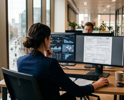 Professional analyseert digitale datasets en CMR-documenten voor GDPR data validatie AI in een modern kantoor.