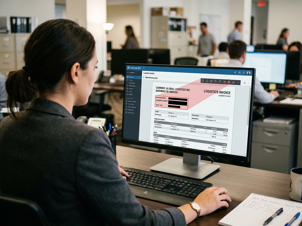 Strategist maskeert data op een logistieke factuur voor GDPR data validatie AI in een BPO software interface.