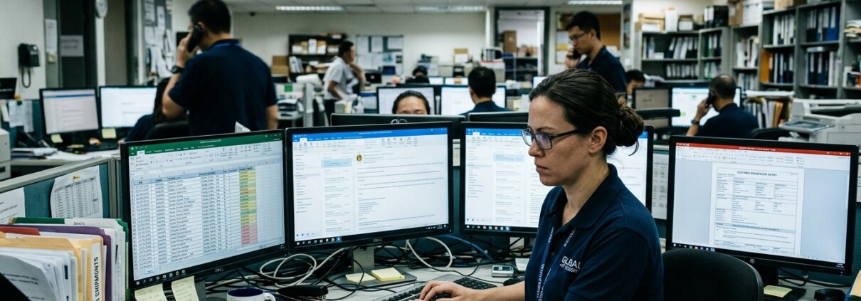 Logistiek medewerker omringd door ongestructureerde data supply chain op schermen in een druk expeditiekantoor.