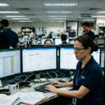 Logistiek medewerker omringd door ongestructureerde data supply chain op schermen in een druk expeditiekantoor.