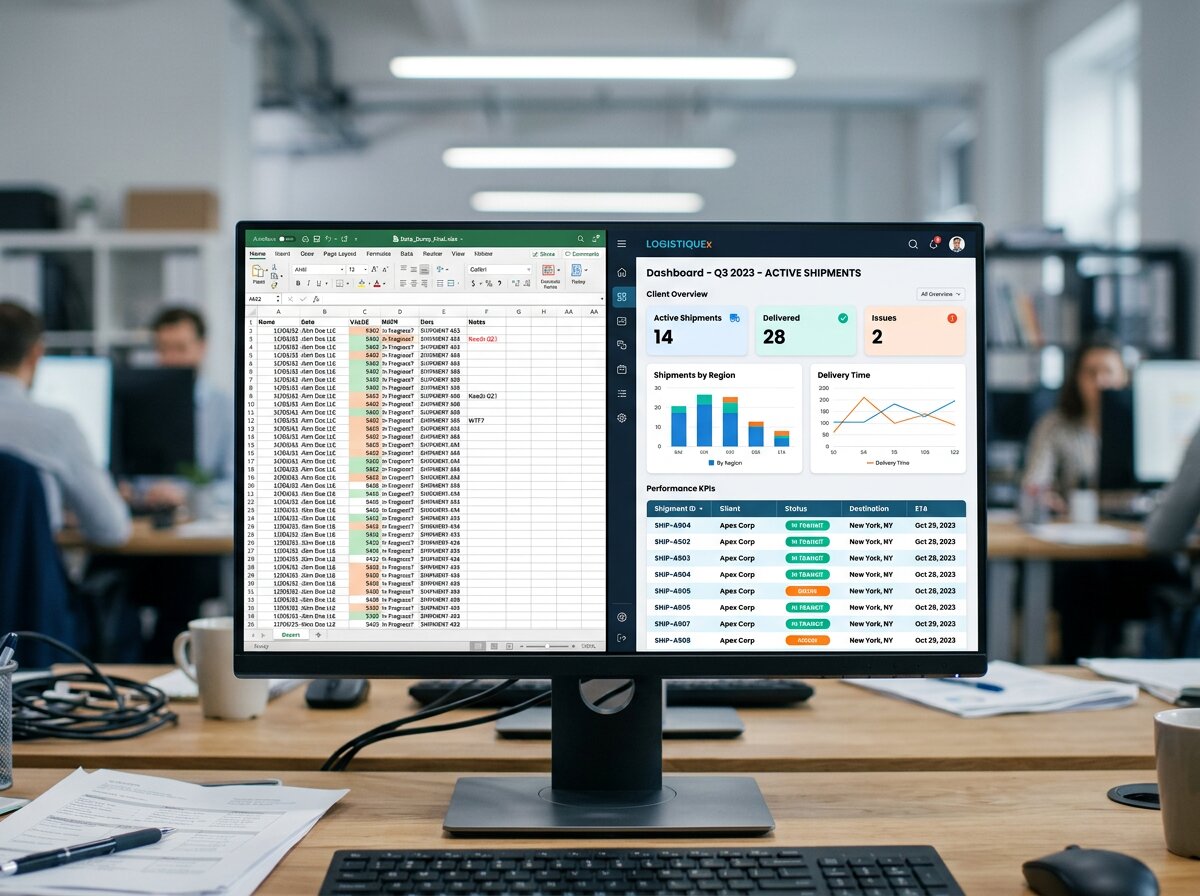 Vergelijking tussen ongestructureerde data supply chain in Excel en een gestructureerd dashboard in een modern kantoor.