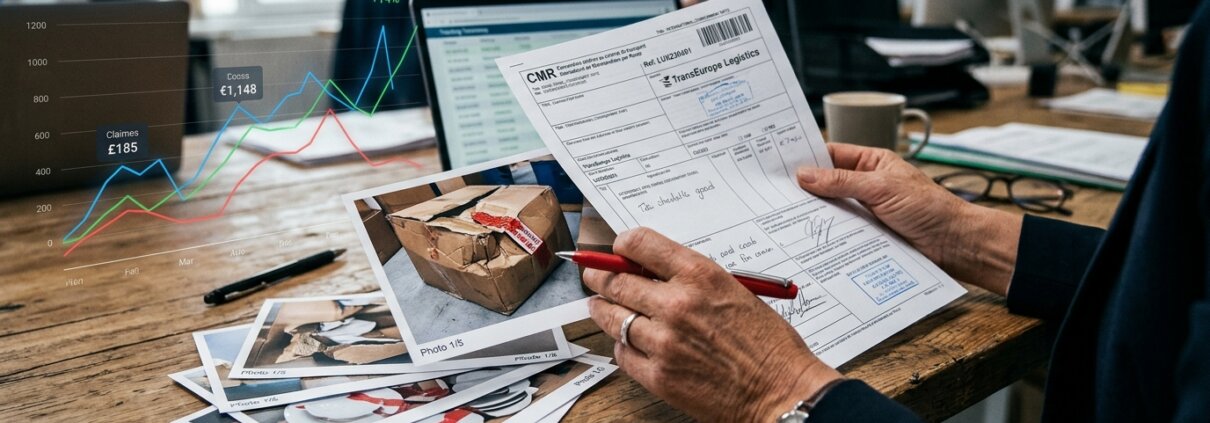 Logistiek manager controleert CMR-document en vrachtschade voor efficiënte schadeafhandeling logistiek.