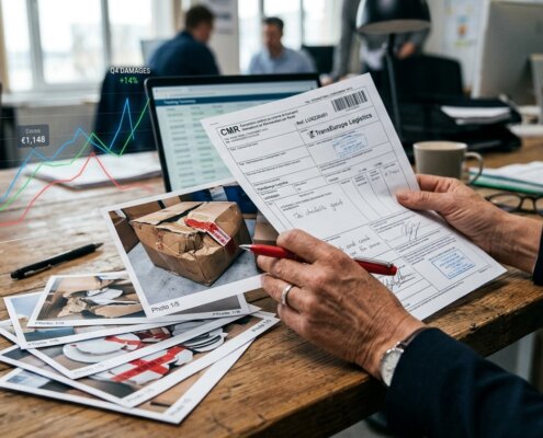 Logistiek manager controleert CMR-document en vrachtschade voor efficiënte schadeafhandeling logistiek.