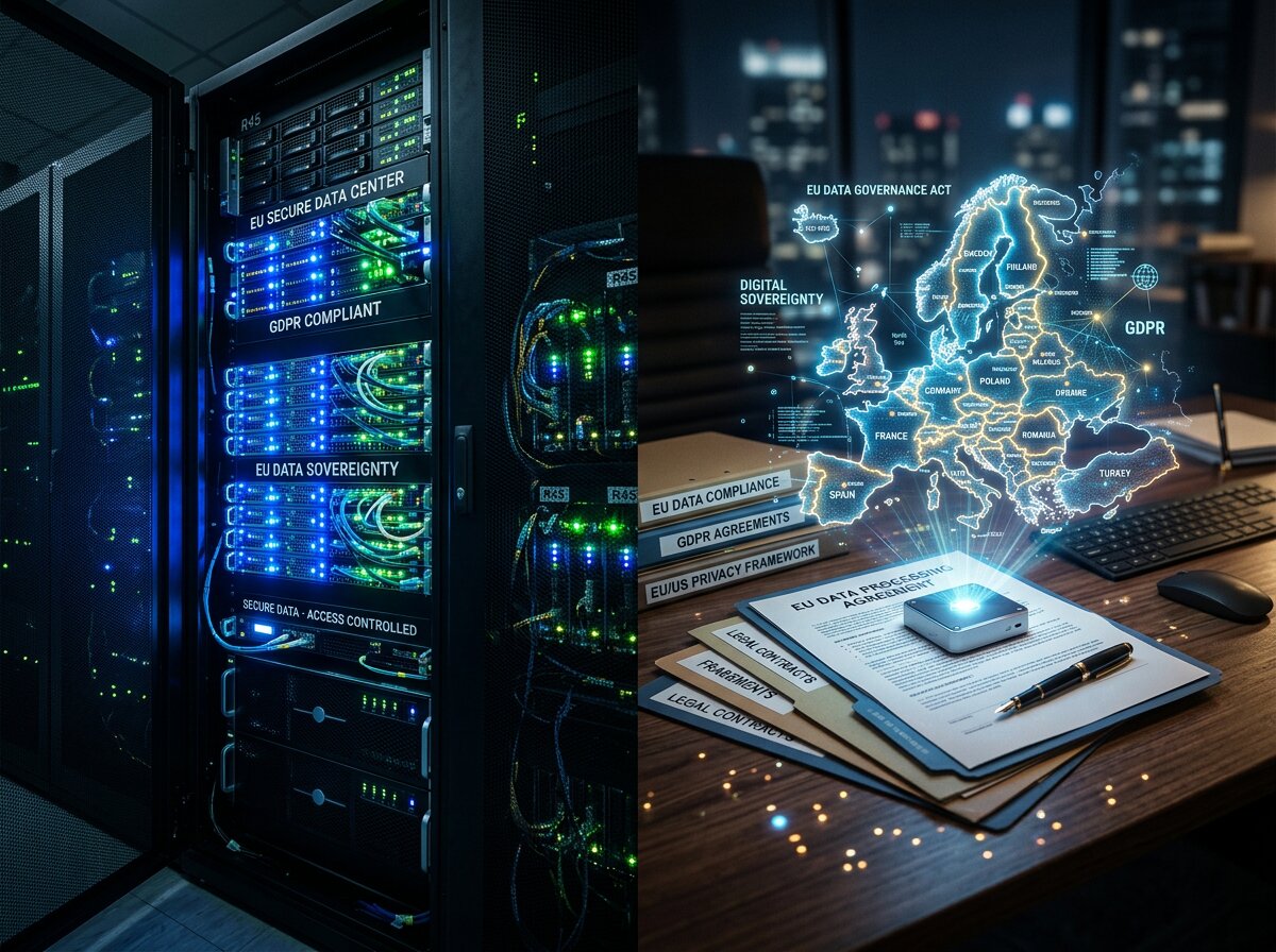 Beveiligde serverrack en juridische contracten met een hologram van Europa voor GDPR-compliant webresearch.