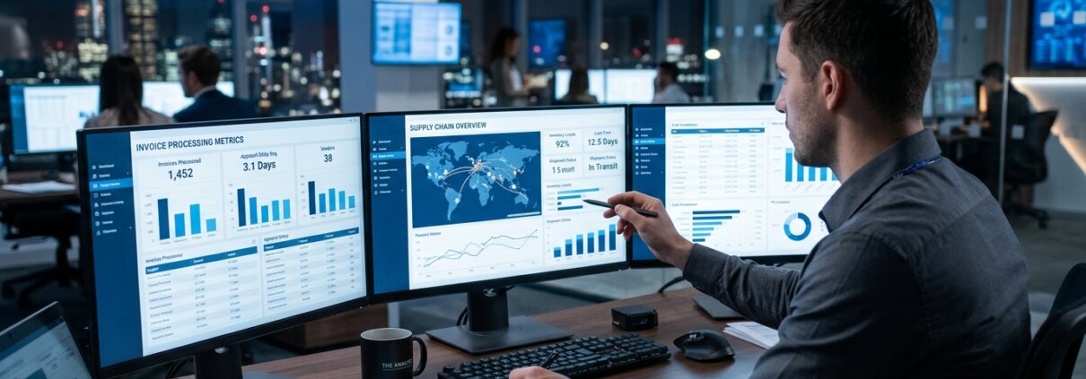 Analist bekijkt factuurverwerking op schermen voor wie crediteurenbeheer uitbesteden of automatiseren overweegt.