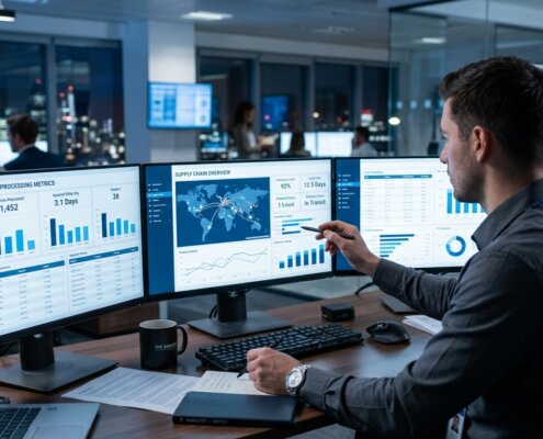 Analist bekijkt factuurverwerking op schermen voor wie crediteurenbeheer uitbesteden of automatiseren overweegt.