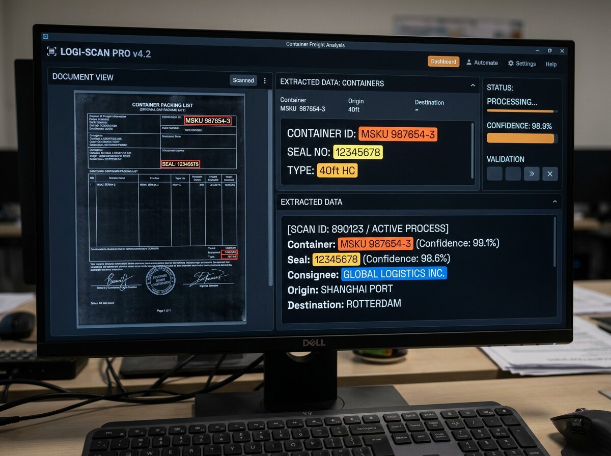 OCR-Software-Dashboard scannt Frachtdokumente als Alternative zum Kreditorenbuchhaltung auslagern im Dark-Mode-Interface.