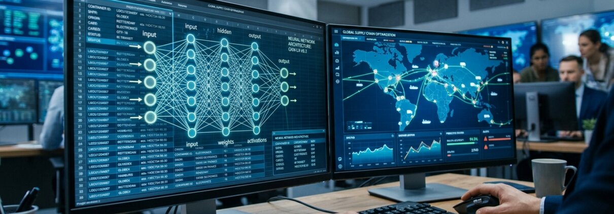 Werkplek in logistiek centrum met neuraal netwerk over vrachtbrief om ML trainingsdata valideren op monitors.