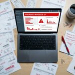 Messy accounts payable setup with scattered invoices and red warnings on a laptop highlighting audit risk.
