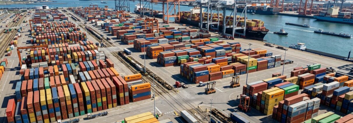 Stapel containers in een haven bij daglicht als symbool voor trage documentverwerking supply chain door bottlenecks.