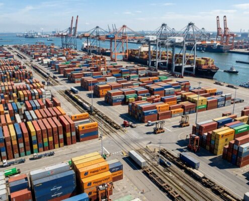 Stapel containers in een haven bij daglicht als symbool voor trage documentverwerking supply chain door bottlenecks.