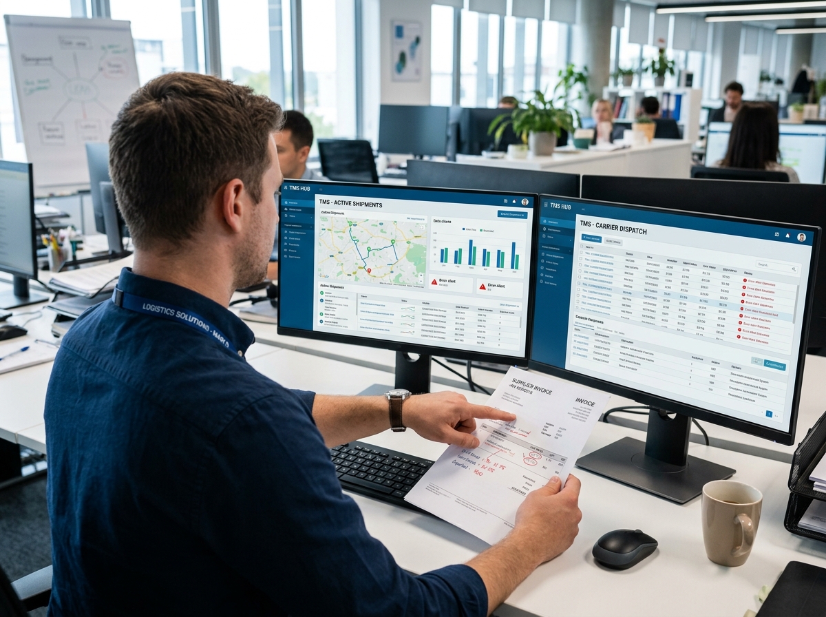 Logistiek planner wijst fout aan op factuur bij trage documentverwerking supply chain in een modern TMS systeem.