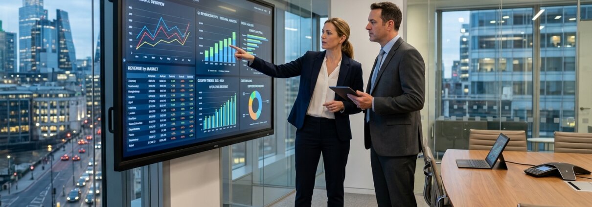 Professionals bekijken financiële grafieken op een digitaal scherm over de kosten webresearch uitbesteden.