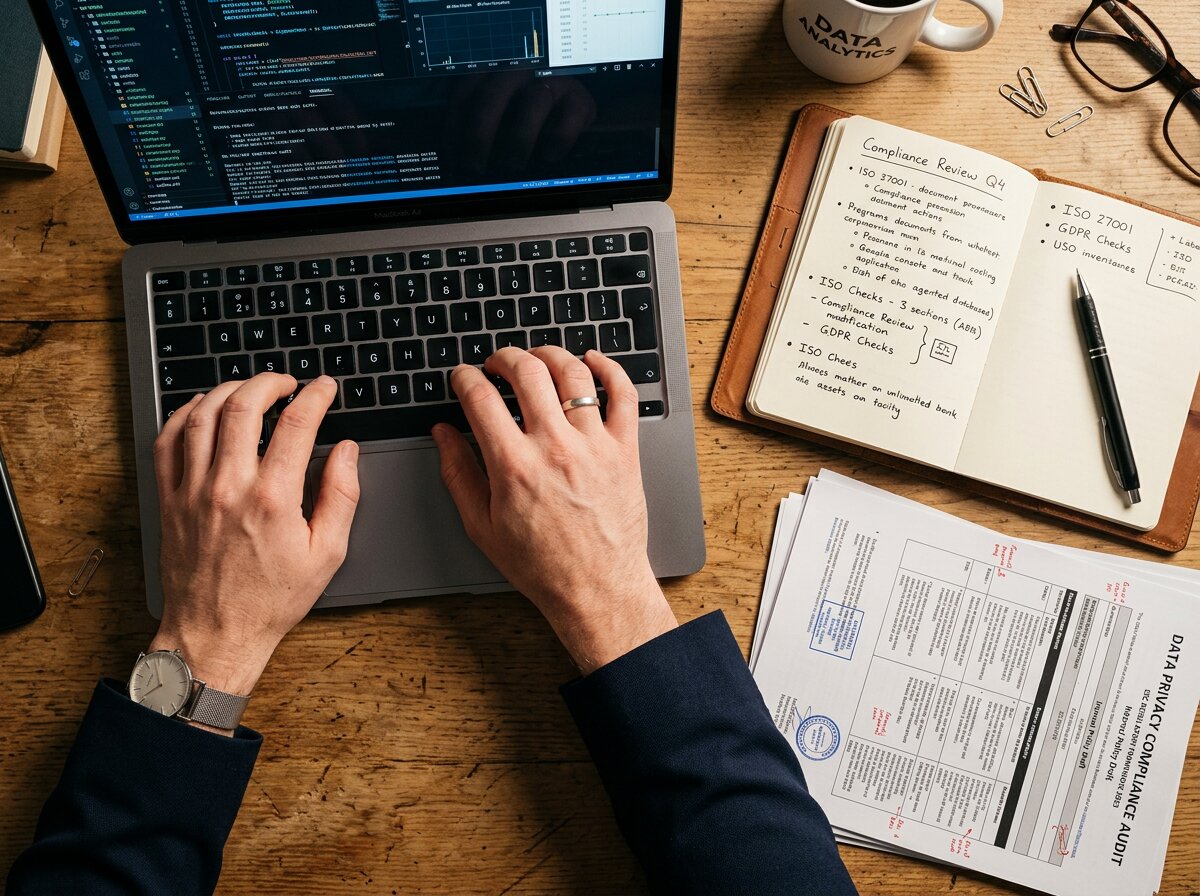 Overhead view of hands typing on a laptop alongside compliance documents and a notebook in a corporate setting, representing web research outsourcing analysis.