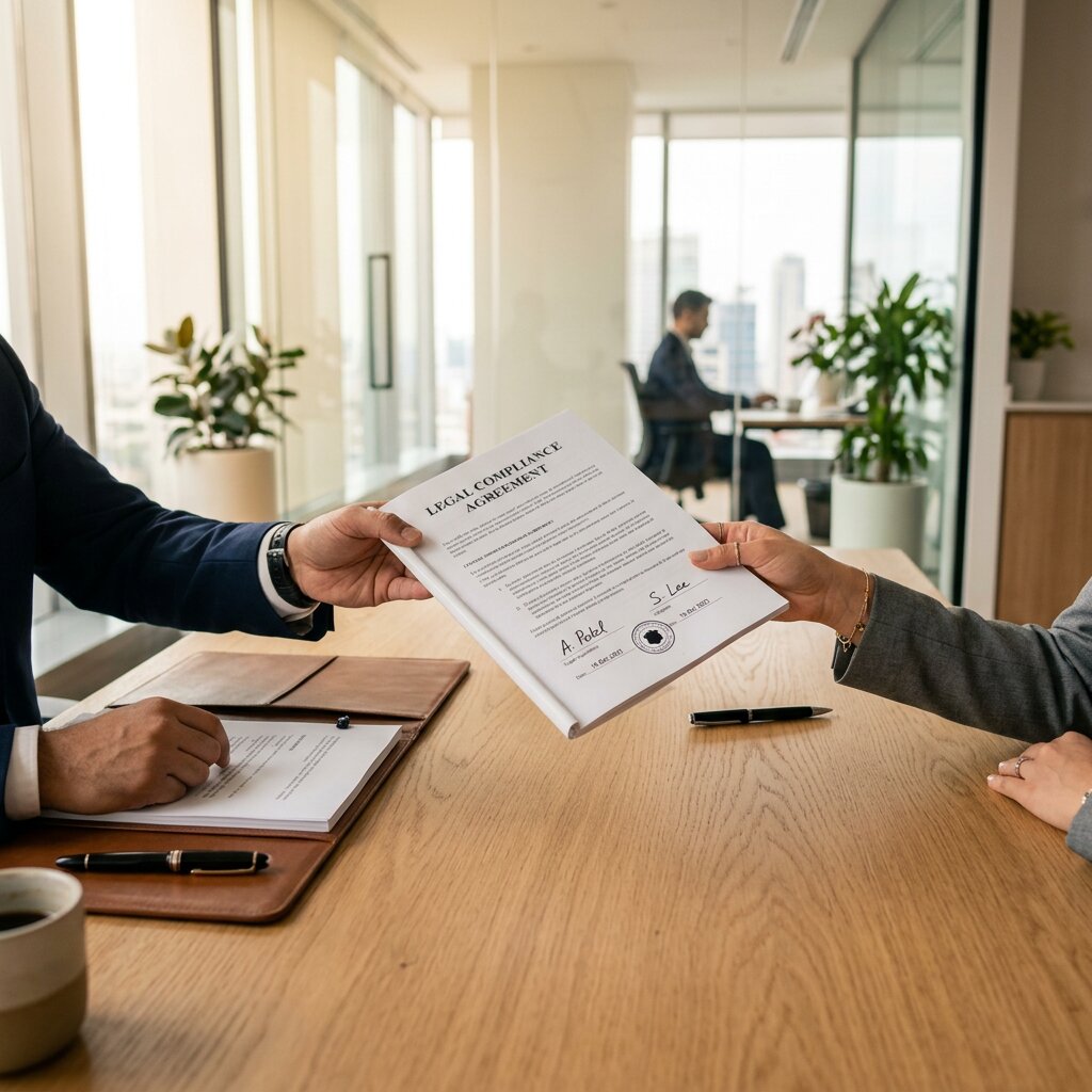 Two hands passing a signed compliance document across a desk, illustrating the trust framework behind outsourcing web research.