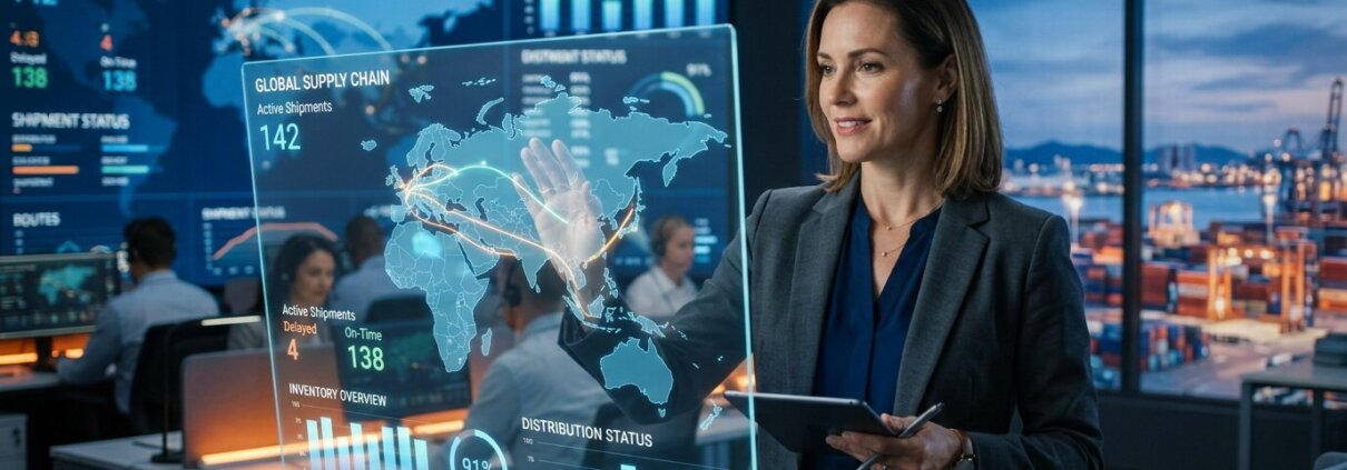 Supply chain manager in modern logistiek centrum beheert de transitie backoffice uitbesteden via digitale dashboards.