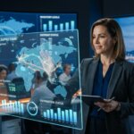 Supply chain manager in modern logistiek centrum beheert de transitie backoffice uitbesteden via digitale dashboards.