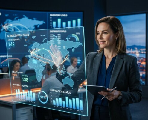 Supply chain manager in modern logistiek centrum beheert de transitie backoffice uitbesteden via digitale dashboards.