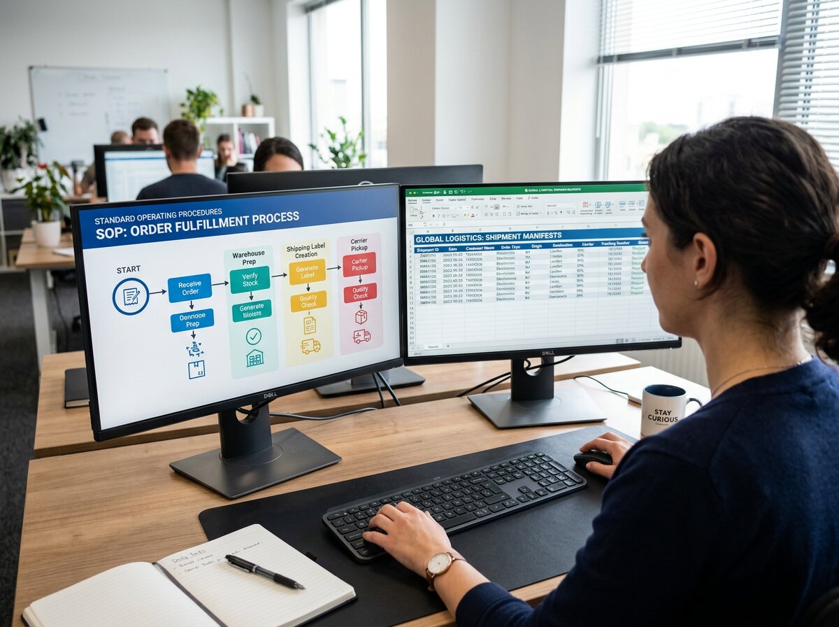 Dual monitors showing flowcharts and shipping manifests to ensure a smooth back-office outsourcing transition in the supply chain.
