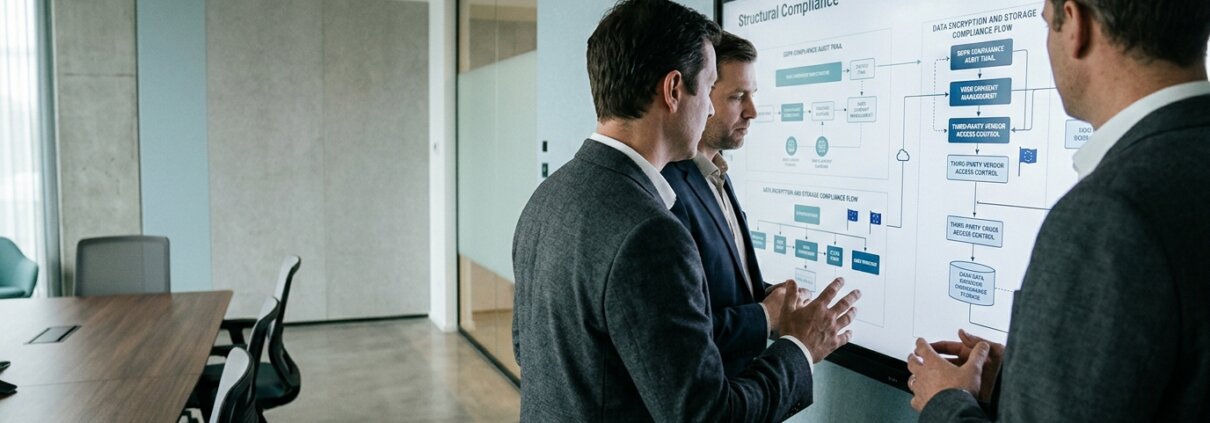 Business professionals analyzing flowcharts for GDPR-compliant web research on a large screen in a boardroom.