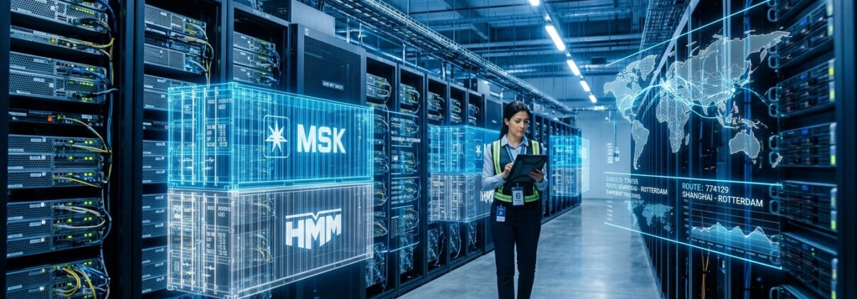Logistics server room with digital shipping containers, illustrating the process of cleaning legacy data for AI in a high-tech environment.