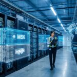 Logistics server room with digital shipping containers, illustrating the process of cleaning legacy data for AI in a high-tech environment.