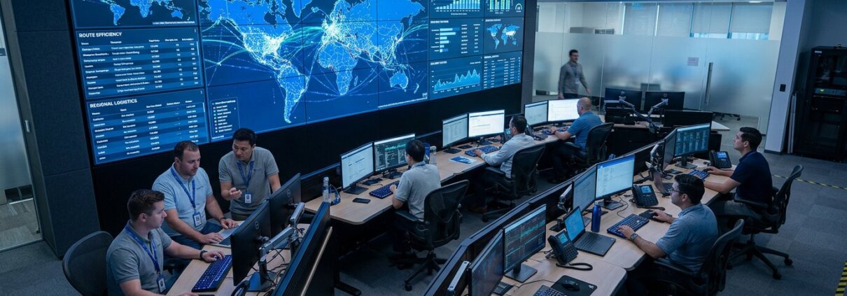 Analisten in een logistieke controlekamer die complexe ERP dataverwerking op grote schermen monitoren.