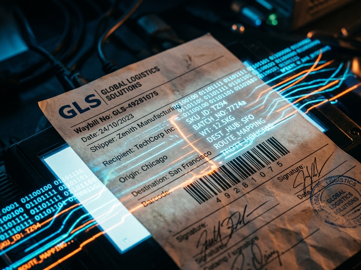Logistics waybill combined with digital code representing efficient ERP data processing in modern software systems