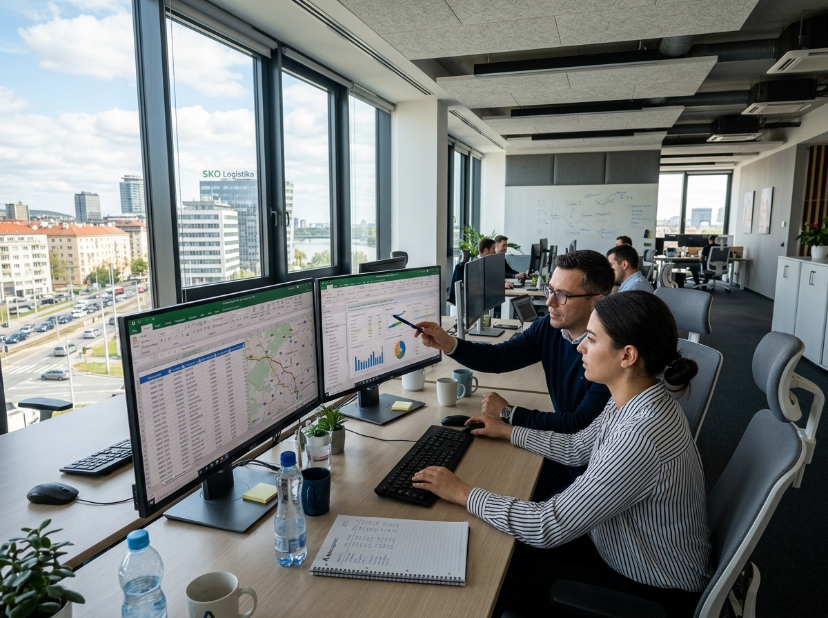 Data-analisten in een kantoor die logistieke manifesten bekijken voor efficiënte ERP dataverwerking op dual-monitors.
