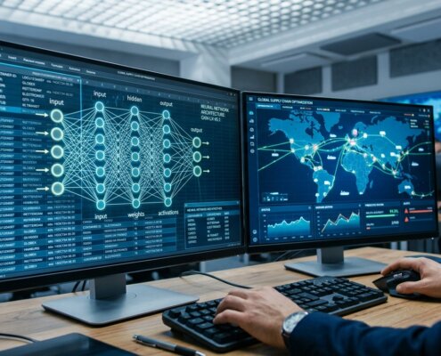 Arbeitsplatz in einem Logistikzentrum mit neuronalem Netzwerk über einem Frachtbrief, um ML-Trainingsdaten auf Monitoren zu validieren.